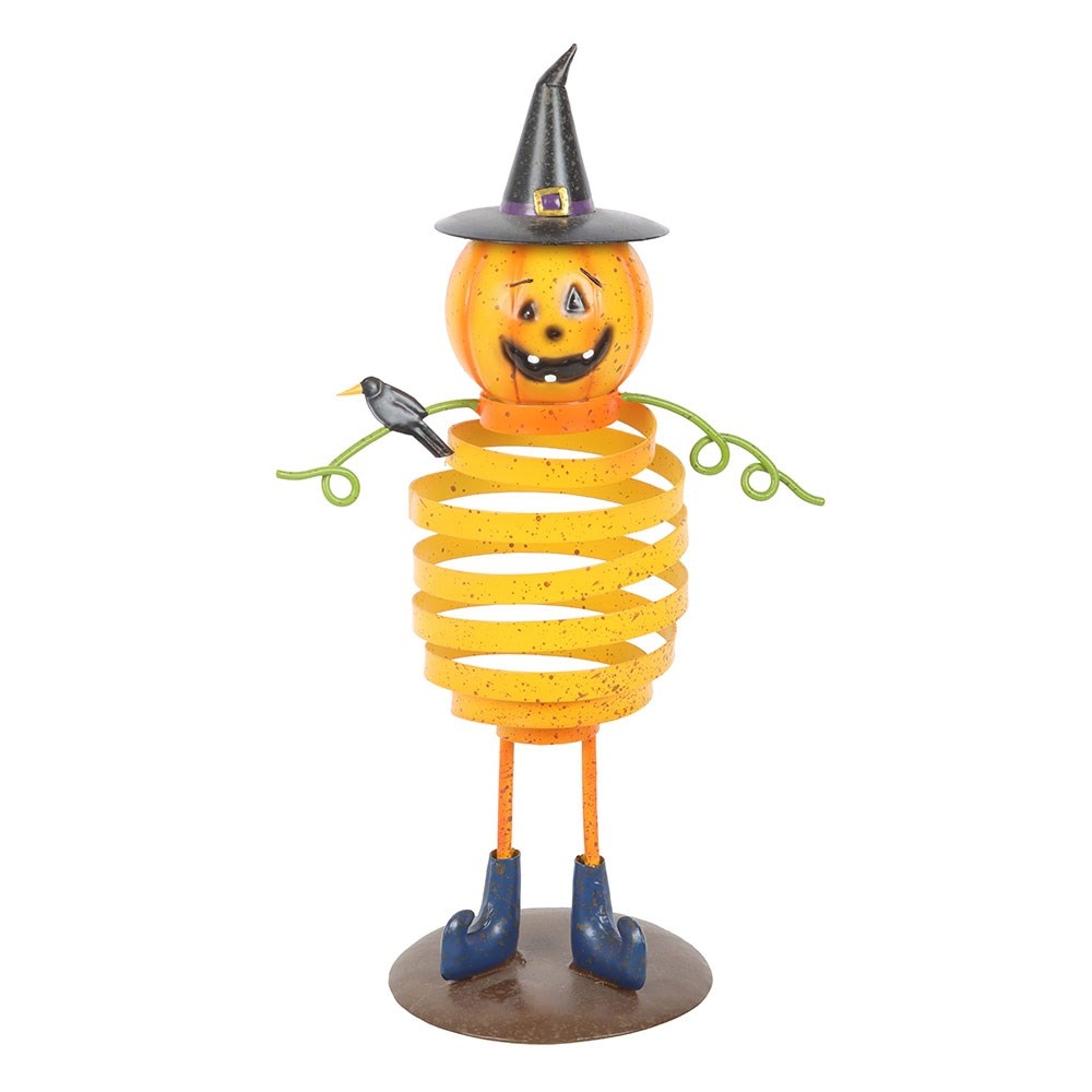 Something Different - Orange Metal Pumpkin Man Ornament with Spring Body Garden figure - Multicolours